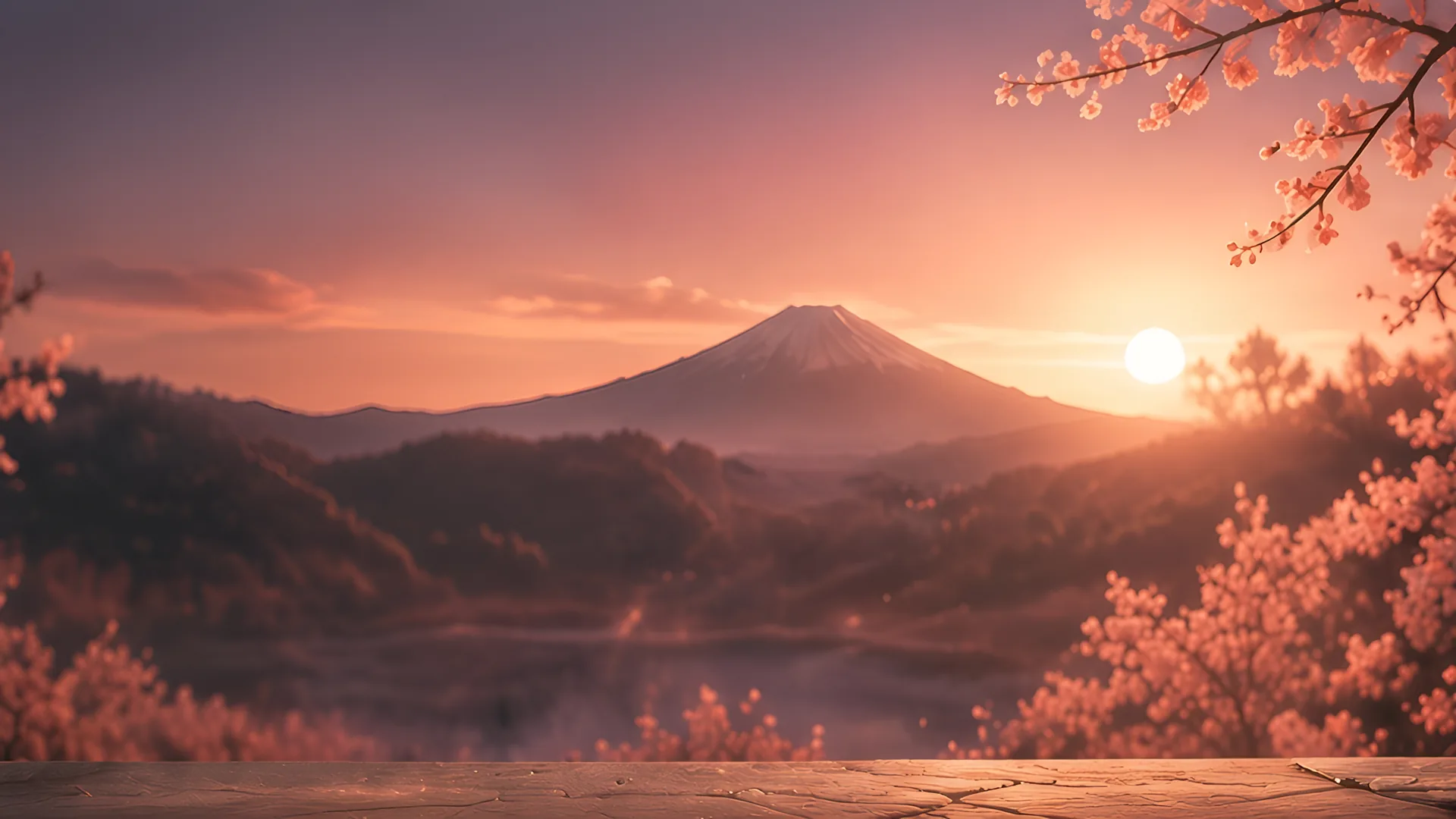 Mount Fuji at sunset framed by cherry blossoms